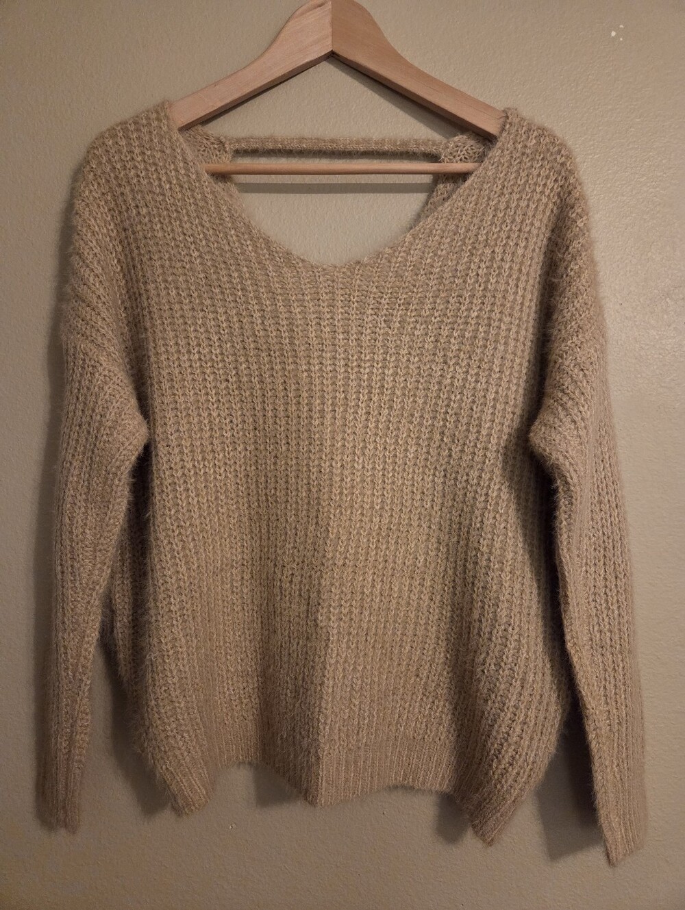 RAGA Bohemian Inspired Cozy Tan Open Back Twist Slouchy Loose Knit Sweater SZ M